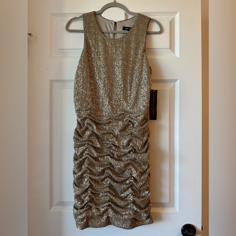 Aidan Mattox Dress Womens 12 Gold Sequin Ruched Bodycon Cocktail Party Mini NWT